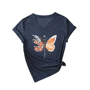 Women's V-neck T-shirt in dark blue with butterfly floral print and side knot detail