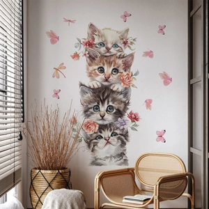 Watercolor stacked kittens wall decals with pink flowers and butterflies for nursery decor