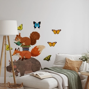 Hand-painted animal wall stickers with fox, hippo, and squirrel for kids' room decor