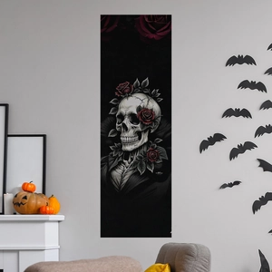 Halloween wall sticker featuring a gothic skull with red roses and dark suit details