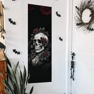 Gothic Halloween wall decal featuring skull and red roses for home living room decoration