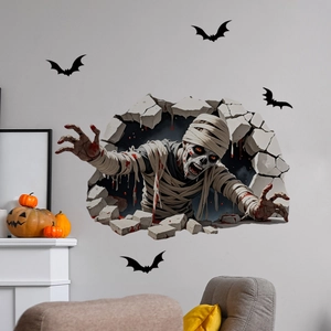 3D Halloween wall sticker featuring a mummy breaking through wall with black bats decor