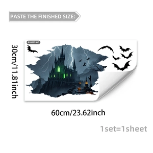 Sticker mural d'Halloween avec château sombre, chauves-souris et citrouilles décoratives