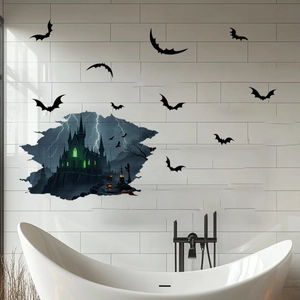 Autocollant Halloween PVC 3D Mur Brisé Château Chauves Souris Décalcomanie Amovible Pour Décoration De Fête