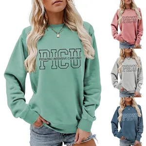 Women Sweatshirt PICU Pediatric Intensive Care Unit Print Crew Neck Long Sleeve Cotton Blend Casual Top Streetwear