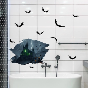 Sticker mural 3D château d'Halloween et chauves-souris pour décoration intérieure