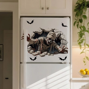 3D Halloween wall sticker featuring a mummy breaking through wall with black bats