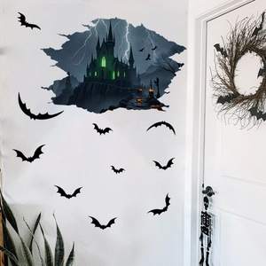 Sticker mural d'Halloween avec château effrayant et silhouettes de chauves-souris noires