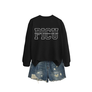 Women's black PICU Pediatric Intensive Care Unit sweatshirt with denim shorts set