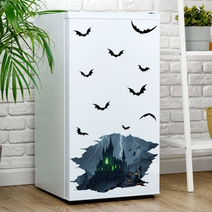 Autocollants 3D Halloween avec chauves-souris et château sur frigo blanc