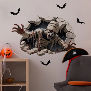 3D Halloween wall decals featuring zombie breaking through wall with black bat stickers