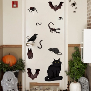 Halloween wall stickers featuring black cat, bats and spiders for spooky home decoration