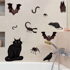 Halloween wall stickers featuring black cat, bats, and spiders on a tile wall