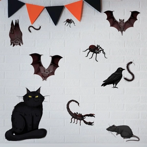 Creative Halloween wall stickers featuring black bats and spiders on a white brick background