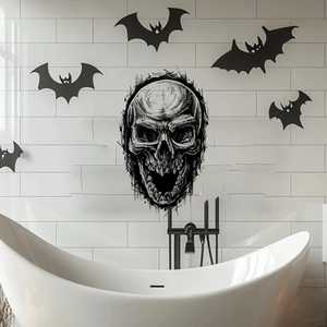 Halloween skull wall sticker with black bats on white tile background for home decor