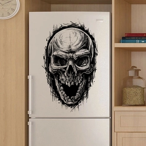 Hand-drawn evil skull wall sticker for Halloween home decor on a white refrigerator