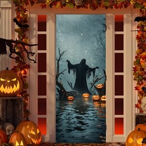 Λεπτομέρεια αυτοκόλλητου πόρτας Halloween με χάρο, κολοκύθες και σκιές φαντασμάτων στο νερό