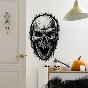 Artistic hand-drawn skull wall decal for Halloween home decor in living room