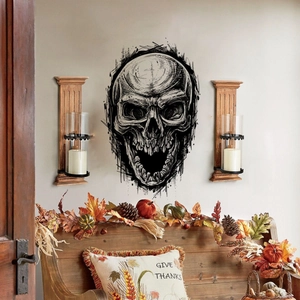 Detailed view of hand-drawn skull wall decal with autumn decor and pumpkins for Halloween
