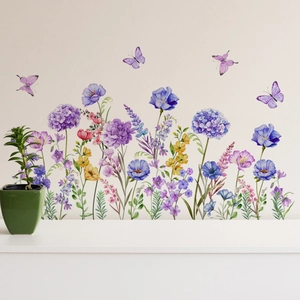 Self-adhesive watercolor wall sticker with purple flowers and butterflies for living rooms