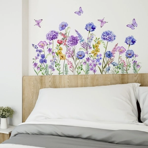 Hand-painted watercolor purple floral wall decals with butterflies for bedroom decoration