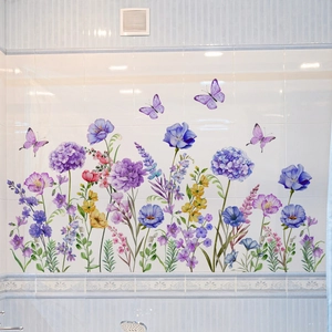 Self-adhesive wall stickers with purple flowers and butterflies for bedroom wall decor
