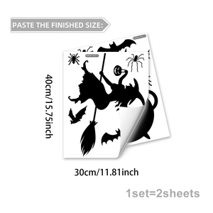 Halloween wall sticker set featuring witch on broomstick, bats, and spiders silhouettes