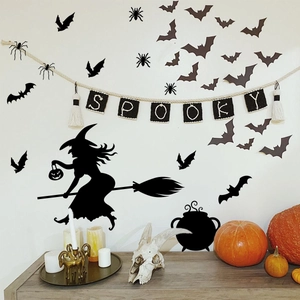 Halloween Wall Stickers Witch Riding Broom Bats Spiders PVC Removable Self Adhesive Silhouette Decals Home Party Decor