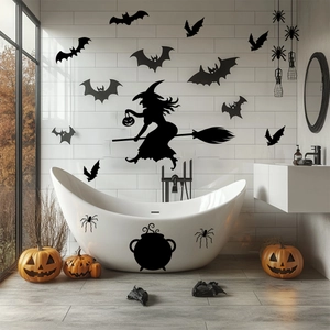 Halloween witch flying on broomstick wall decal with spiders and bats bathroom decor