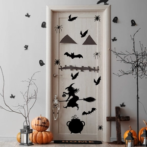Halloween witch silhouette and bat wall stickers set on a wooden door decoration
