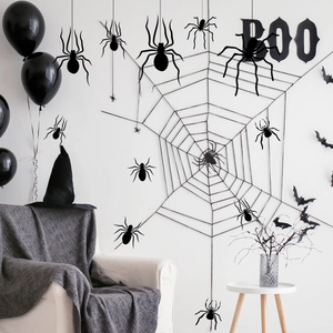 Halloween home decor set with black spiders, bat wall stickers, witch hat and spider web