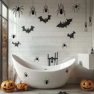 Halloween decorative wall stickers featuring black spiders and bats in a modern bathroom