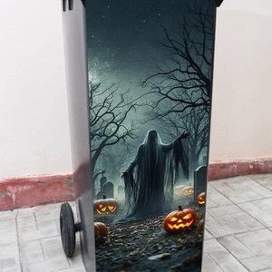 Halloween ghost and pumpkin wall stickers on large black wheeled bin for home decor