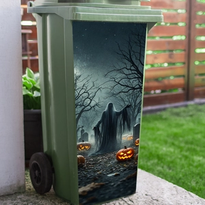 Outdoor green trash bin with Halloween pumpkin ghost wall stickers for holiday garden decor