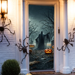 Halloween door stickers with ghost pumpkins and giant black spider wall decorations