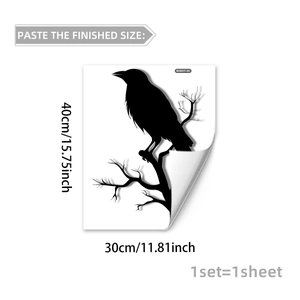 Sticker mural corbeau noir sur branches pour décoration d'Halloween séjour 40x30cm