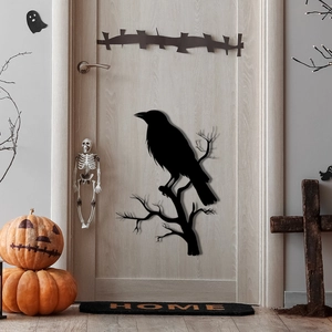 Stickers muraux Halloween corbeau noir sur branche avec décorations de citrouilles