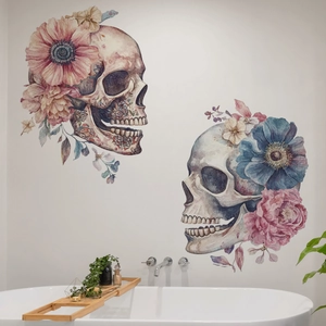 Modern watercolor skull wall decals with floral accents for bathroom or living room decor