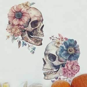 Hand-painted watercolor skull wall stickers with vibrant flowers for Halloween home decor