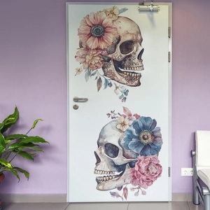 Artistic floral skull wall decals in watercolor style for home interior decoration