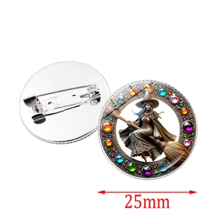 25mm Halloween witch brooch with glass dome and silver metal backing for accessories