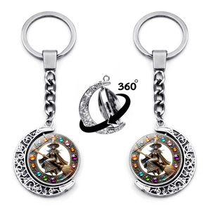 Halloween Rotating Witch Moon Keychain Silver Zinc Alloy Double Sided Witch On Broom Pendant Keyring For Bag Charm Women Halloween Gift