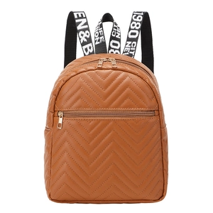 Women brown mini chevron quilted backpack with 1980 letter printed webbing straps