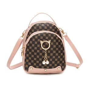 Mini sac à dos femme imprimé géométrique marron avec garniture rose et perles