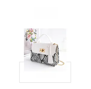 Detail of snake print and white patchwork handbag with golden turn-lock closure