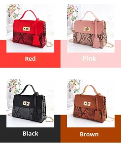 Detail showcasing four color variants of faux leather handbags with snake print accents
