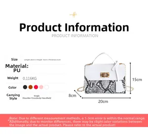 Detailed size chart for snake pattern PU leather crossbody bag with dimensions and weight