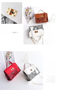 Detailed close-up of snake skin texture and gold square lock on women shoulder bag