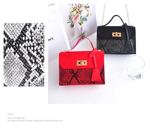 Detail of snake skin texture and golden metal lock on red and black square bag