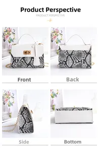 Multiple views showing the front, back, side, and bottom of snake print small handbag